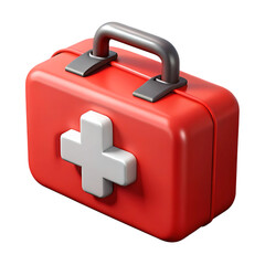 Bright red medical first aid kit with white cross and metal handle isolated on transparent background