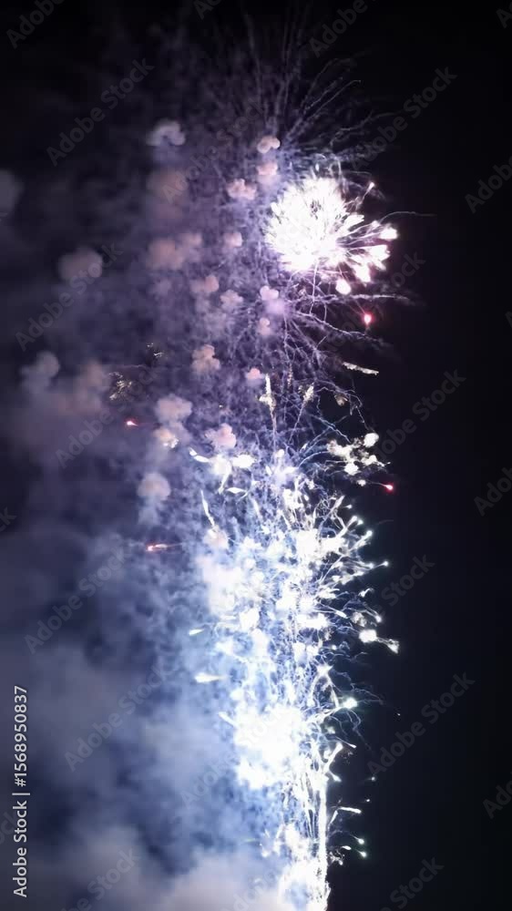 Poster breathtaking, multi-colored fireworks explode across a velvety dark night sky, creating intricate pa