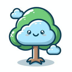 Cute Cloud Tree Cartoon Illustration