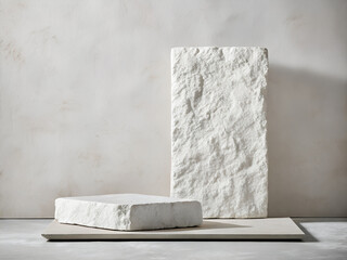 White textured stone blocks on a gray surface against a neutral white wall background