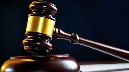 A wooden gavel rests on a sound block, commonly associated with legal proceedings and courtrooms.