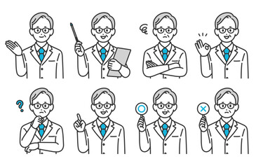 いろいろな表情･ポーズをするシニア男性医師のセット【人物ベクターイラスト素材】