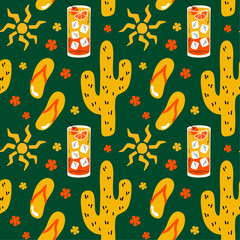 Tropical aesthetic, summer vacation vibes, holiday themed seamless vector pattern with cute groovy funky cartoon illustration of sea beach objects, cactus, exotic flowers, cocktail drink, flip flops

