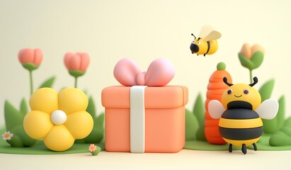 3D icon set, flower gift box, ladybug, bee, and carrot on a white background