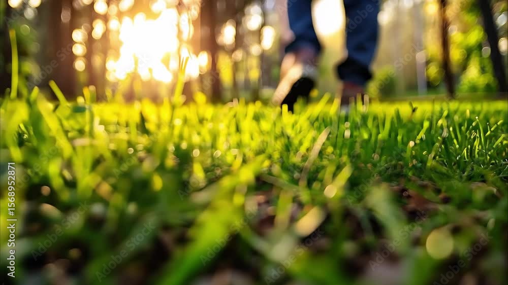 Poster a close-up of grass with a person walking in the background, illuminated by sunlight filtering throu