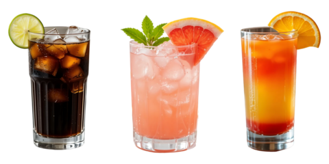 Set of Tropical Colorful Cocktails with Garnish on Transparent Background