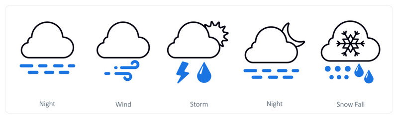 A set of 5 mix icons as night wind, storm