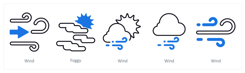 A set of 5 mix icons as wind, foggy, air