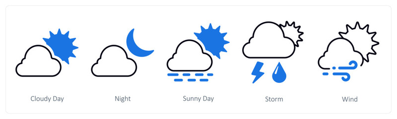 A set of 5 mix icons as cloudy day, night, sunny day