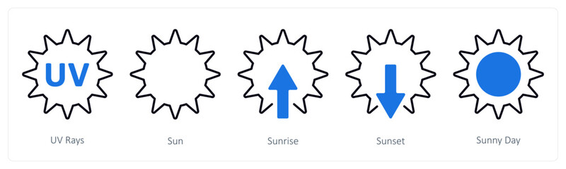 A set of 5 mix icons as uv rays, sun, sunrise