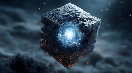 Floating AI machine brain with glowing data particles in dark space