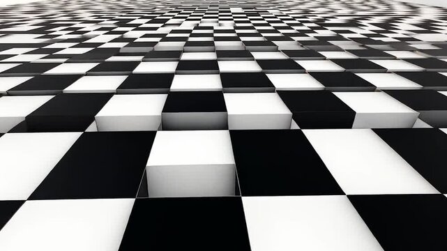 Checkered pattern of white and black cubes receding into a dark void