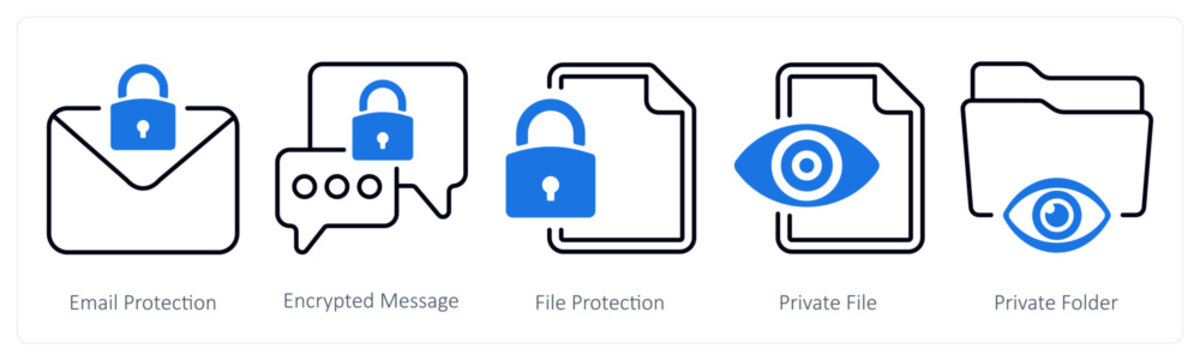 A set of 5 mix icons as email protection, encrypted message, file protection