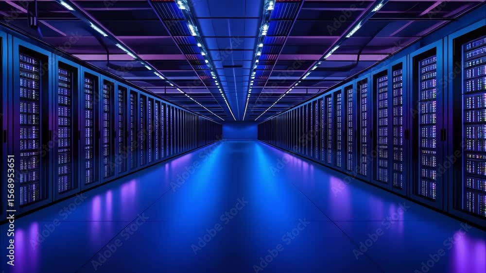Poster a futuristic data center or server room with rows of servers illuminated by blue and purple lights.