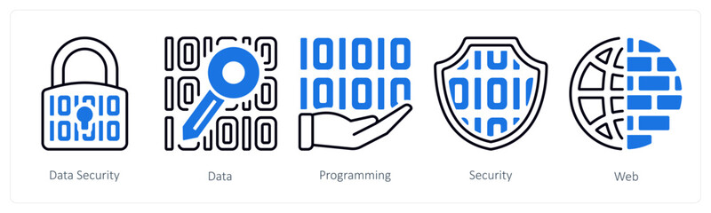 A set of 5 mix icons as data security, data, programming