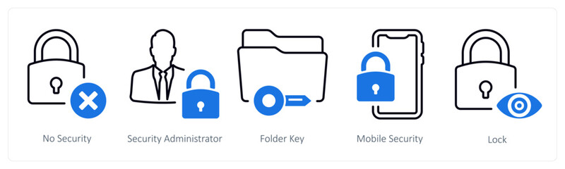 A set of 5 mix icons as no security, security administrator, folder key