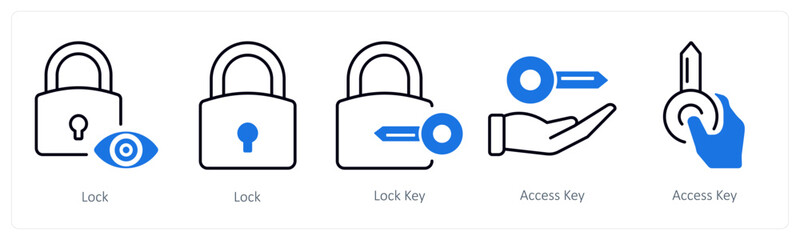 A set of 5 mix icons as lock, lock key, access key