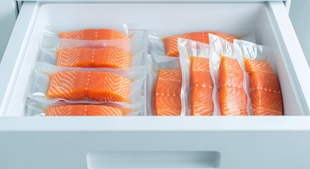 Fresh Salmon Fillets Vacuum Sealed in Freezer Drawer for Optimal Food Preservation