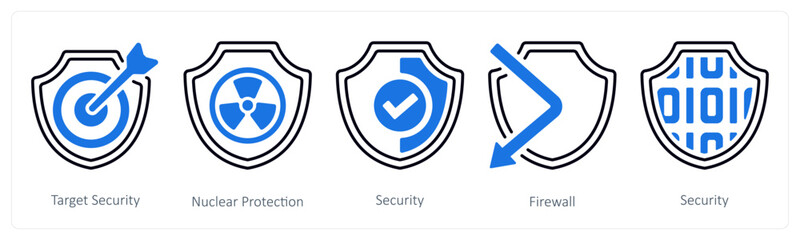 A set of 5 mix icons as target security, nuclear protection, security