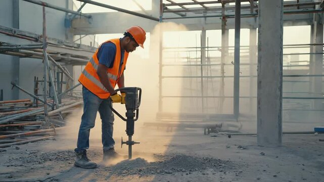 Construction worker operates jackhammer at building site during afternoon, demonstrating teamwork and safety in urban development