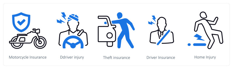 A set of 5 mix icons as motorcycle insurance, driver injury, theft insurance