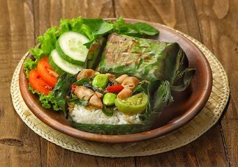 Nasi Bakar. Grilled rice refers to rice that is grilled with charcoal until the banana leaves turn slightly black using several spices and side dishes, then wrapped in banana leaves, then grilled over