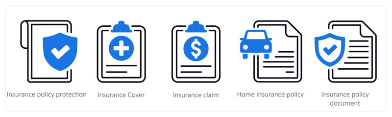 A set of 5 mix icons as insurance policy document, insurance cover, issurance claim