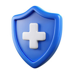 Blue shield with white medical cross isolated on transparent background