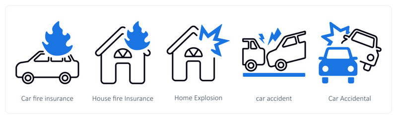 A set of 5 mix icons as car fire insurance, house fire insurance, home explosion
