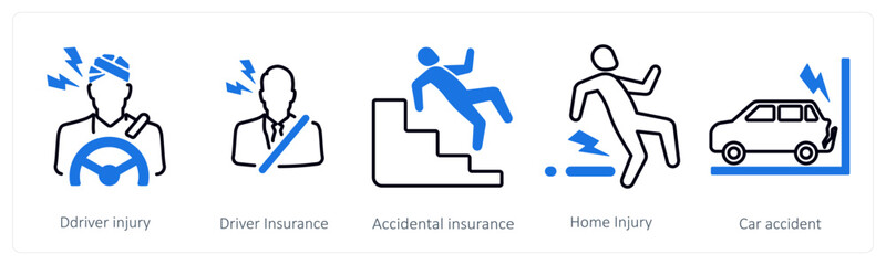 A set of 5 mix icons as driver injury, driver insurance, accidental insurance