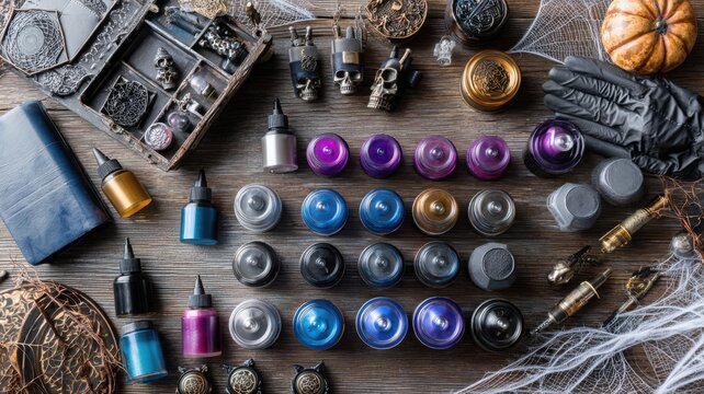 Flat lay of tattoo studio tools (ink caps with spooky vibe