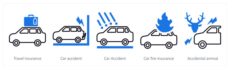 A set of 5 mix icons as travel insurance, car accident, car fire insurance