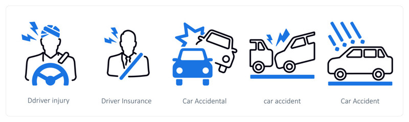 A set of 5 mix icons as driver injury, driver insurance, car accidental