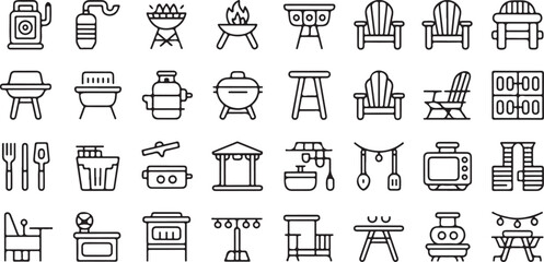 High quality backyard firepit outdoor features line icon set.Vector pictograms of kitchen, patio, fireplace, chiminea, pizza oven, firewood, propane tank, thin linear illustration.