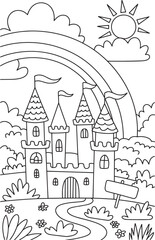 Cute Fairytale Castle with Rainbow Coloring Page for Kids, Castle Coloring, Rainbow Castle, Fairytale Castle, Cute Castle Scene, Kids Coloring Page, Fantasy Castle