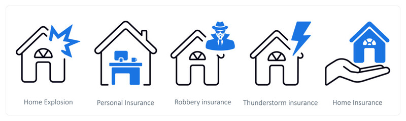 Obraz premium A set of 5 mix icons as home explosion, personal insurance, robbery insurance