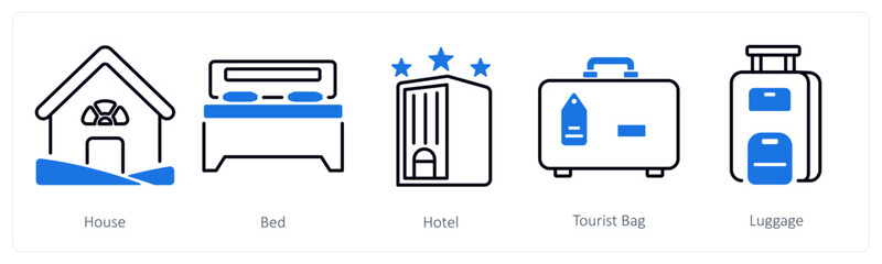 A set of 5 mix icons as house, bed, hotel