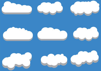 Flat Clouds Design set. Clouds for cartoons, social posts, and single uses. White clouds in Blue sky.