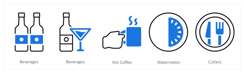 A set of 5 mix icons as beverages, hot coffee, watermelon