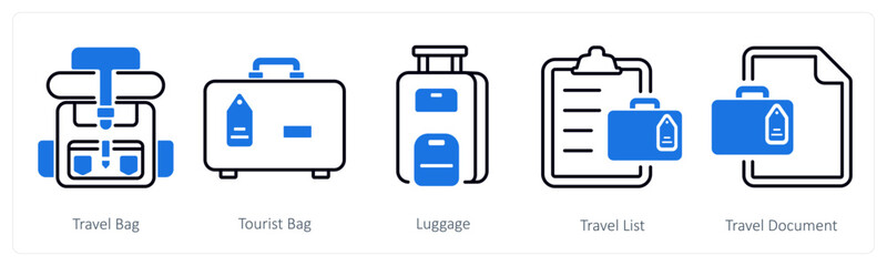 Obraz premium A set of 5 mix icons as travel bag, tourist bag luggage