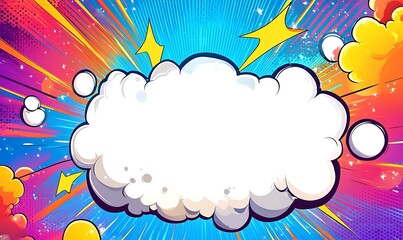 A colorful comic book page with speech bubbles, lightning bolts and halftone dots in the background