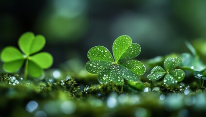 Dew-kissed clover sprouts on mossy forest floor