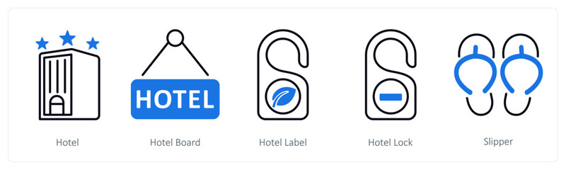 A set of 5 mix icons as hotel, hotel board, hotel label