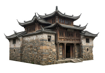 Fototapeta premium Ancient Chinese Architecture A Stone and Timber House in the Mountains isolated on transparent baackground