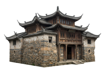 Ancient Chinese Architecture A Stone and Timber House in the Mountains isolated on transparent baackground