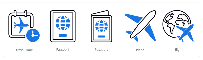 A set of 5 mix icons as travel time, passport, plane