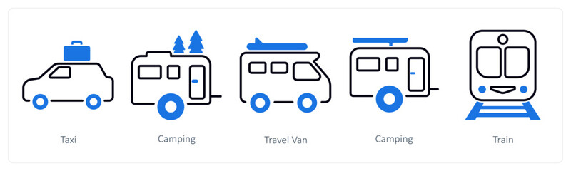 Fototapeta premium A set of 5 mix icons as taxi, camping, travel van