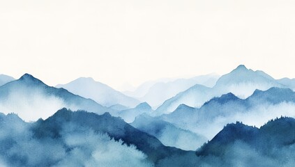 Watercolor painting of misty mountain range landscape