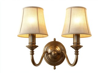 Antique brass wall sconces with linen shades, isolated on white background