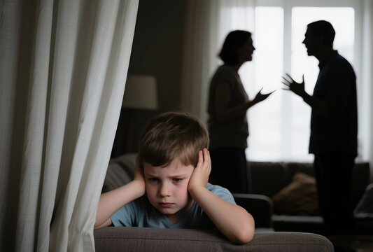 Child Hiding and Covering Ears During Parents’ Argument – Emotional Family Scene
